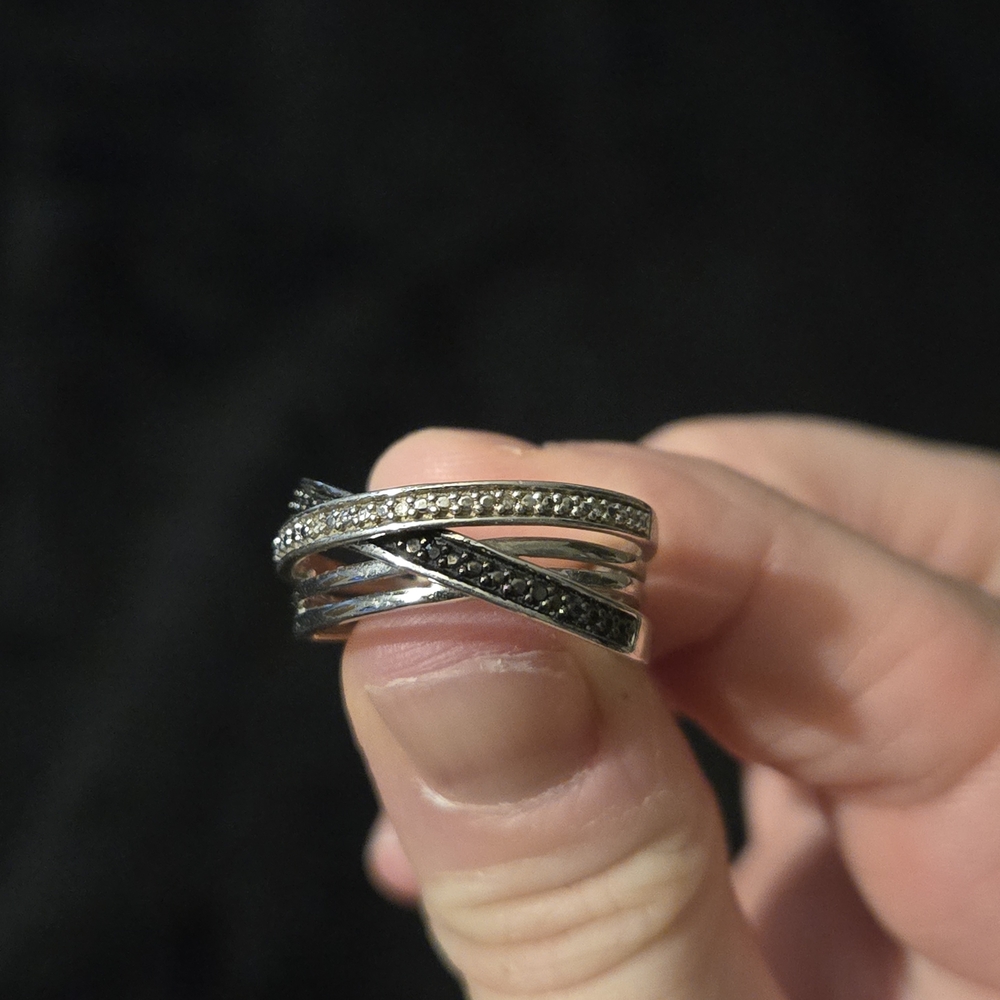 Kay Jewelers Silver Ring with Black and White Pavé Crisscross
